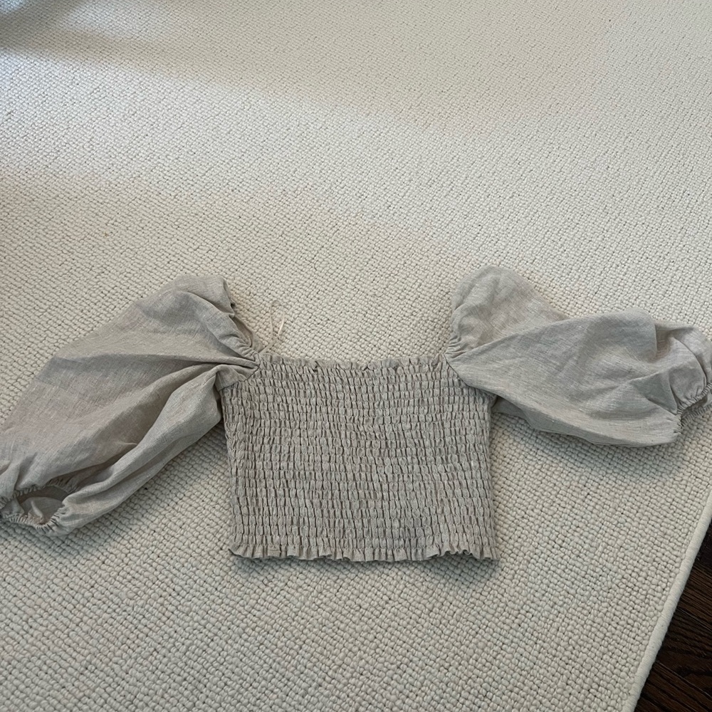 Tan Puff Sleeve Smocked Top and Pants set